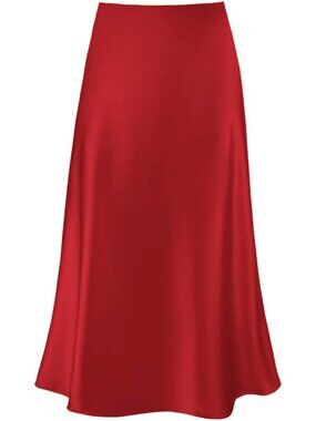 Women's Red Polyester And Elastane High Waisted Flowy A Line Satin Midi Skirt